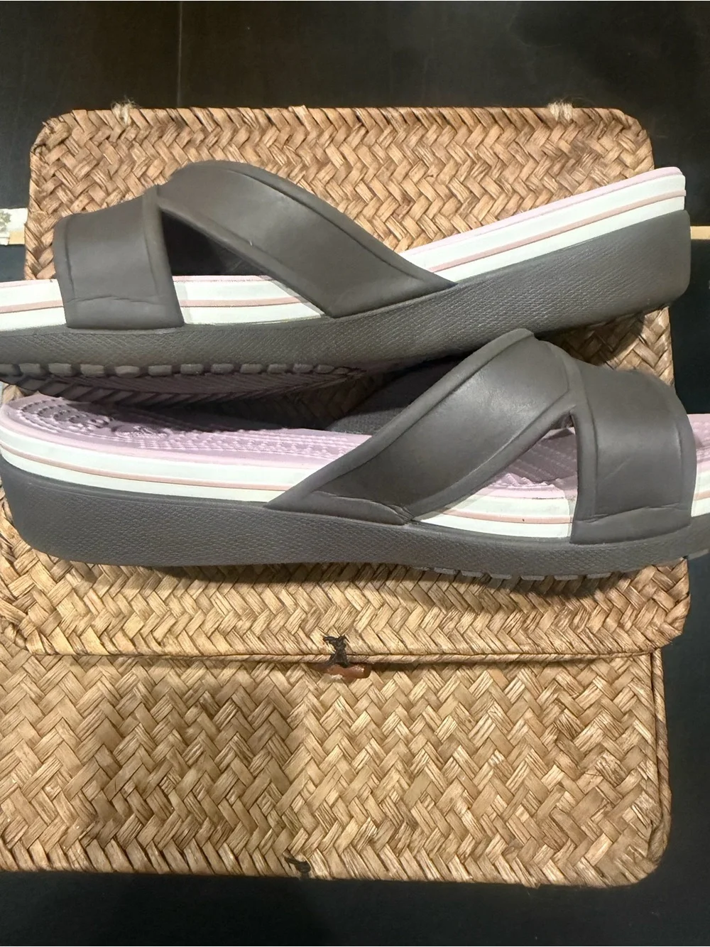 CROCS Women's Slide Sandals in Black Straps and Light Pink Footbed
